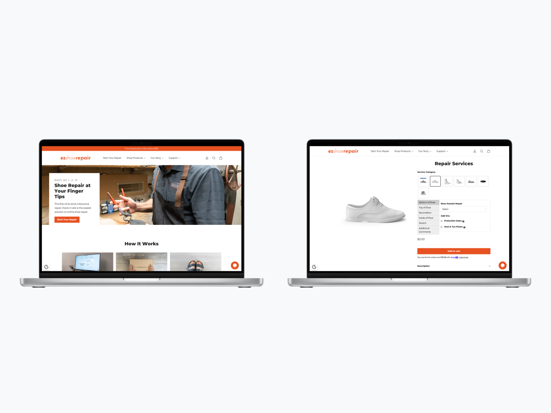 EZ Shoe Repair homepage and repair flow