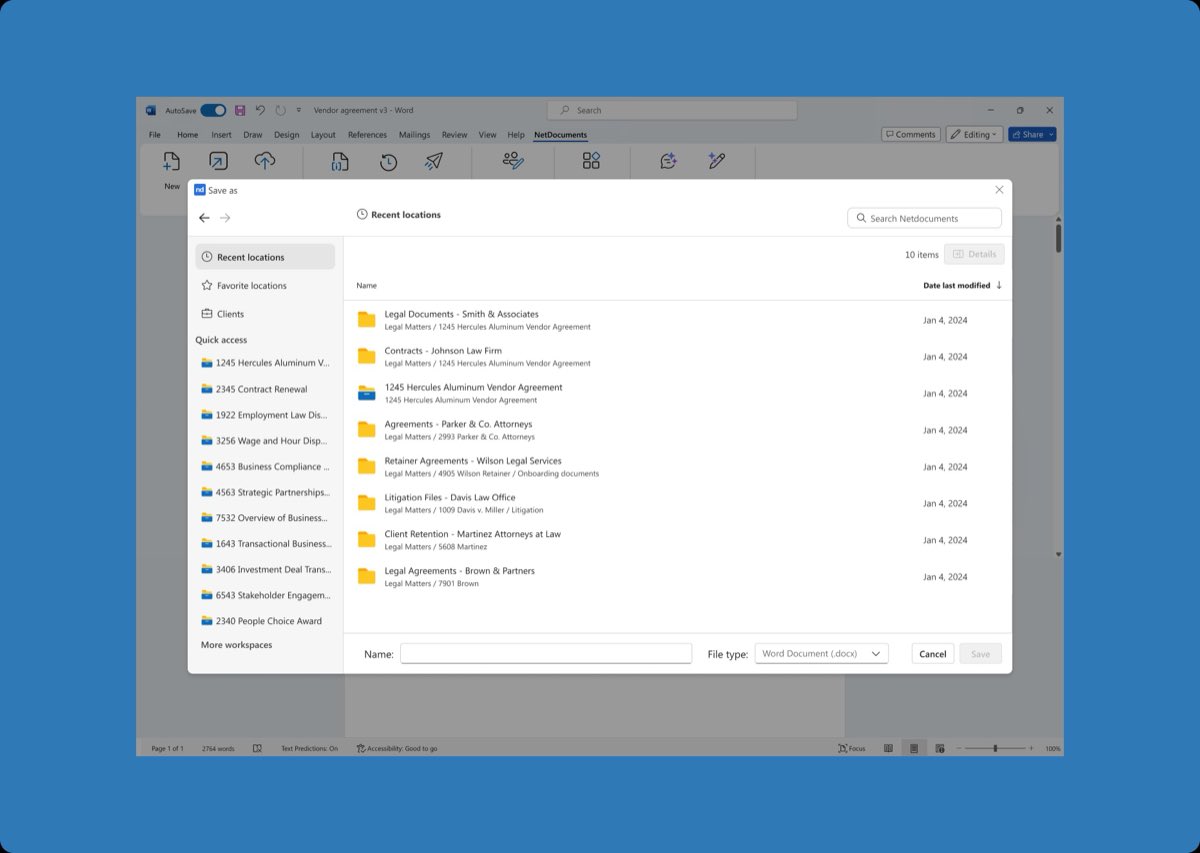 Open dialog: recent locations, favorite matters and full DMS navigation directly inside Word