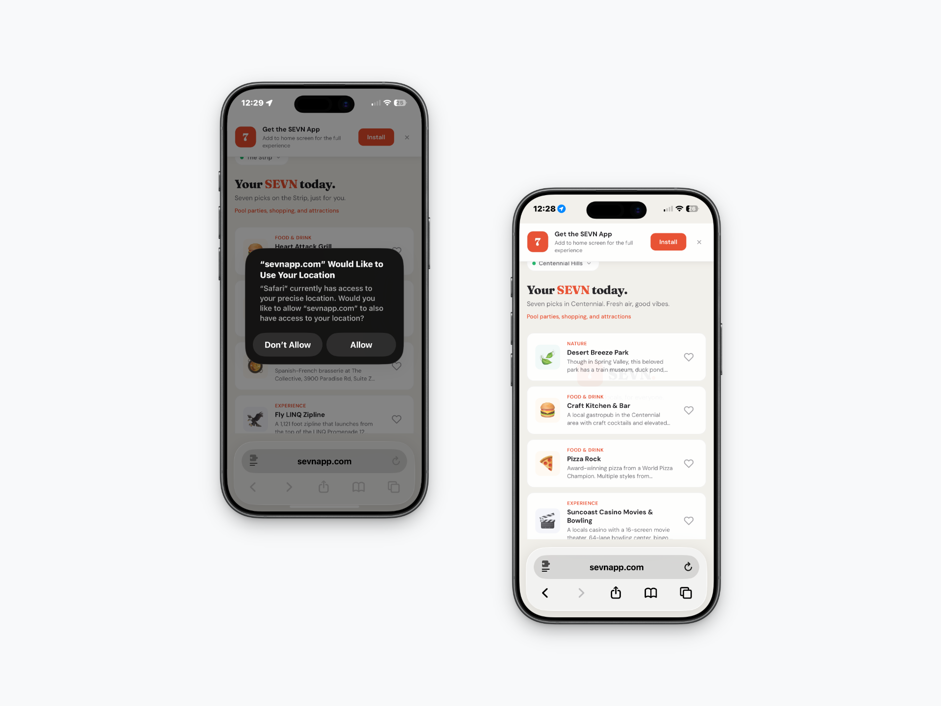SEVN app home screen with neighborhood picks